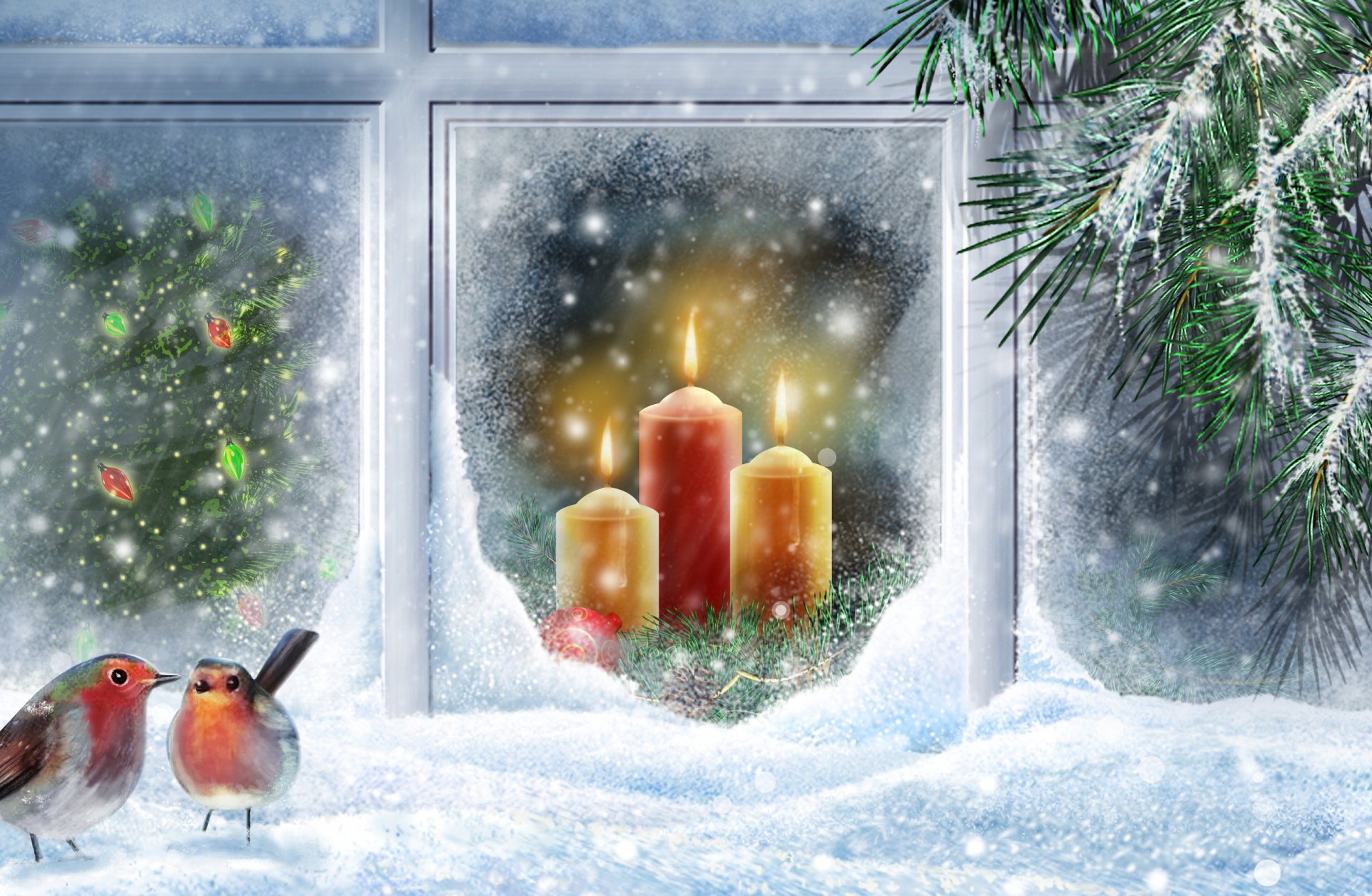 christmas tree new year vector candles birds snow