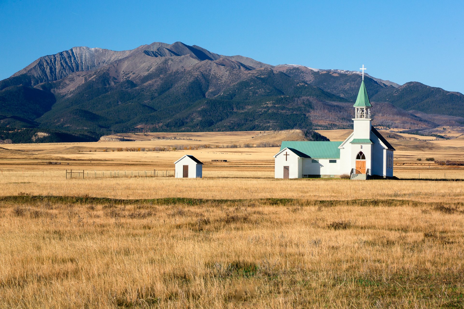 church countryside the field mountain sky