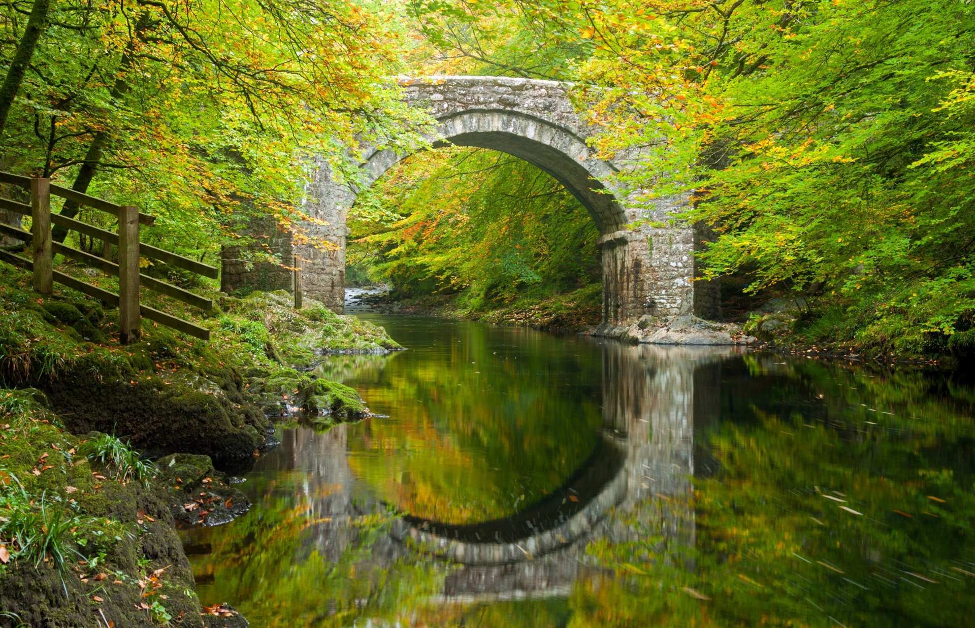 pont holne rivière dart dartmoor devon angleterre pont holne rivière dart pont arche rivière réflexion forêt arbres automne