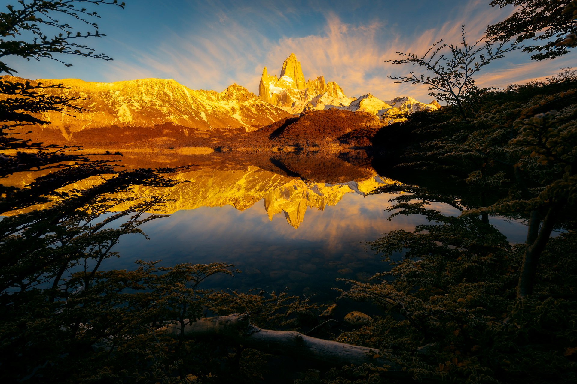 outh america argentina patagonia mountain andes lake morning light reflection