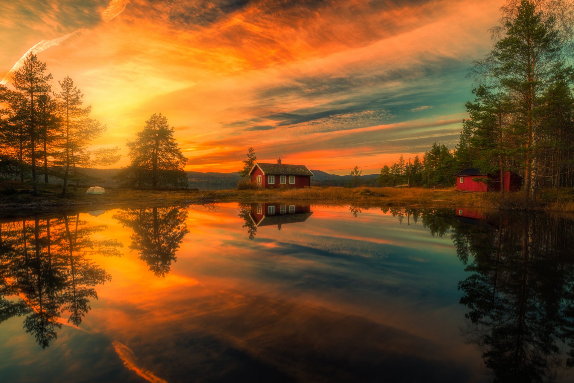 ringerike norwegen see reflexion häuser sonnenuntergang bäume