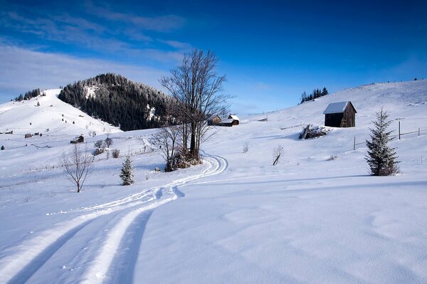 Houses on a snowy slope near the hill