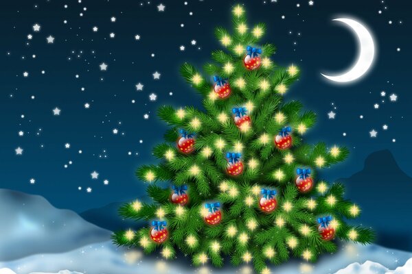 Disegno di un albero di Natale in giocattoli di Natale in una notte di neve