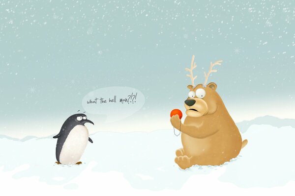 The bear portrays a Santa Claus deer and surprises the penguin