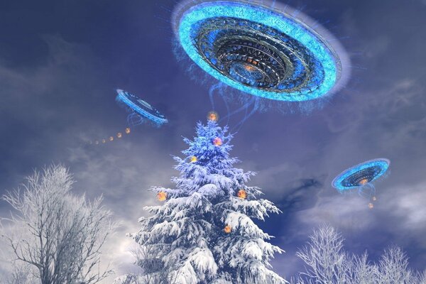 The UFO ship shines on the Christmas tree