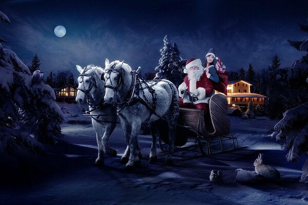 Le père Noël à cheval apporte des cadeaux la nuit