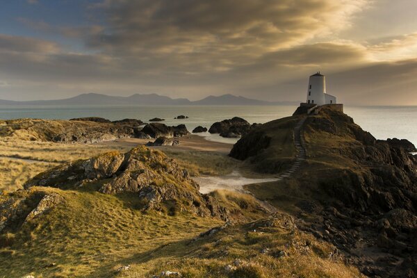 Seascape near the white lighthouse