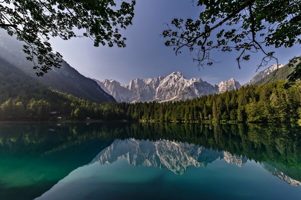 Montañas, bosque, cielo en el reflejo del lago