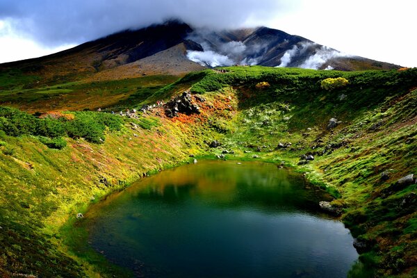 A lake surrounded by a multicolored field with mountains