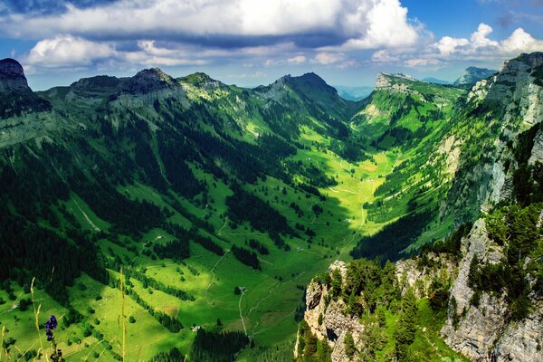 Gorgeous mountain valley with cumulus clouds