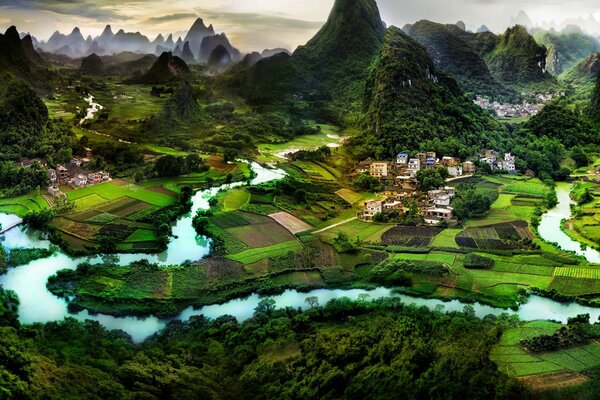 Panorama en Chine sur le village de Guilin