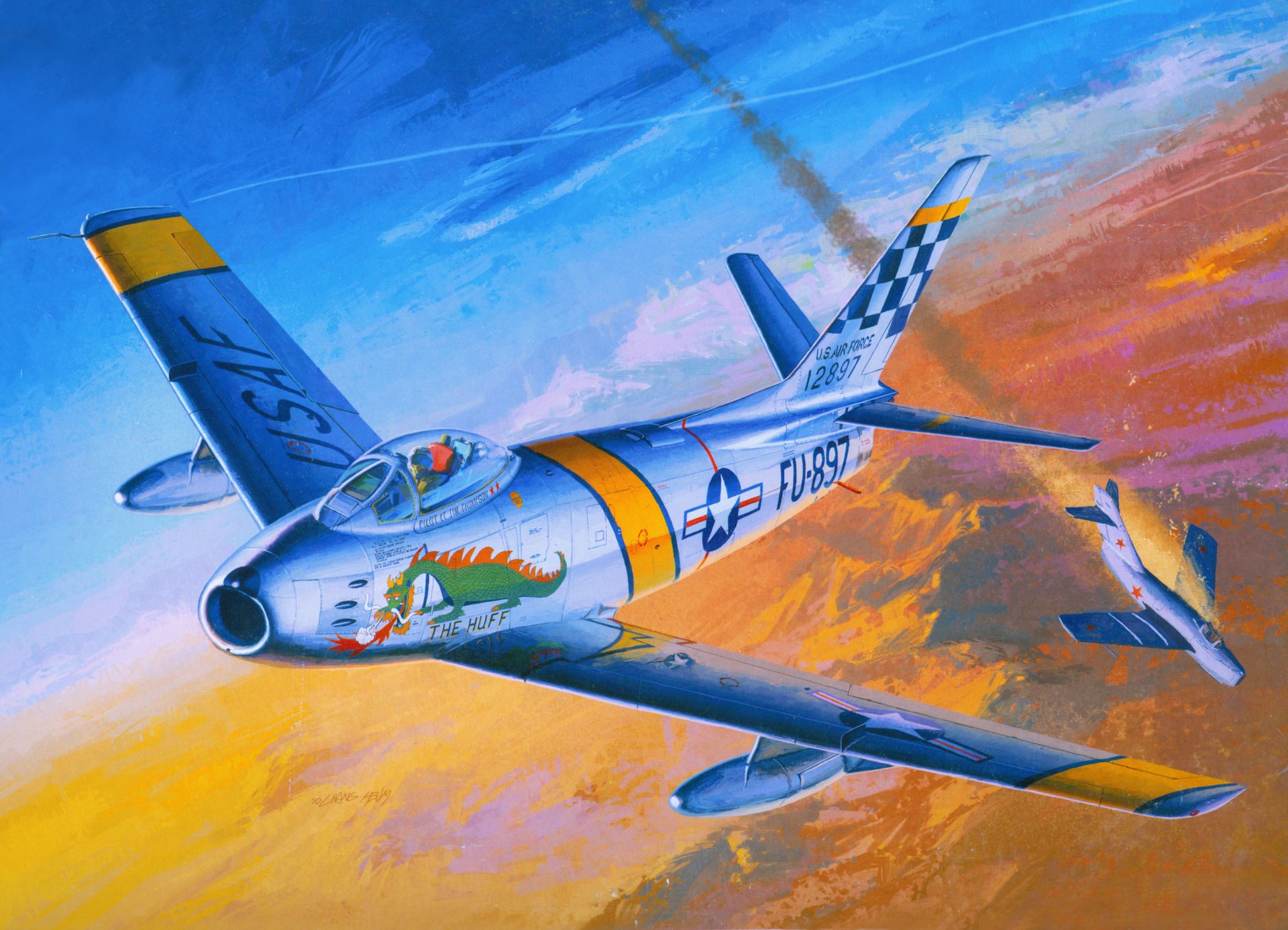 art wojna koreańska 1950-1953 niebo myśliwce odrzutowe amerykański północny amerykański f-86 sabre zestrzelony radziecki mig-15 rysunek