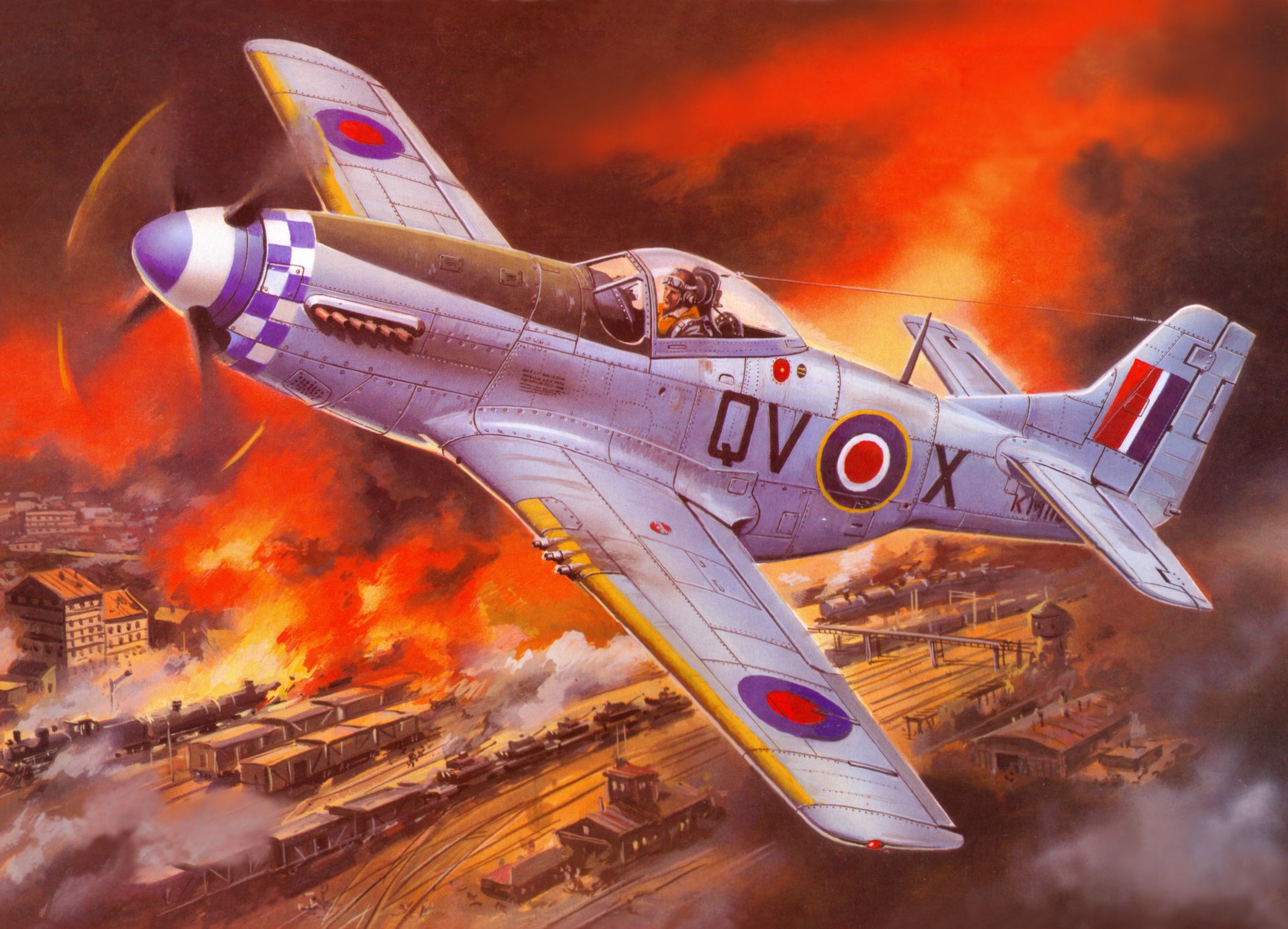 art sky north american r-51 mustang american single fighter long-range range action railway station locomotive wagons buildings warehouse fire smoke ww2 drawing