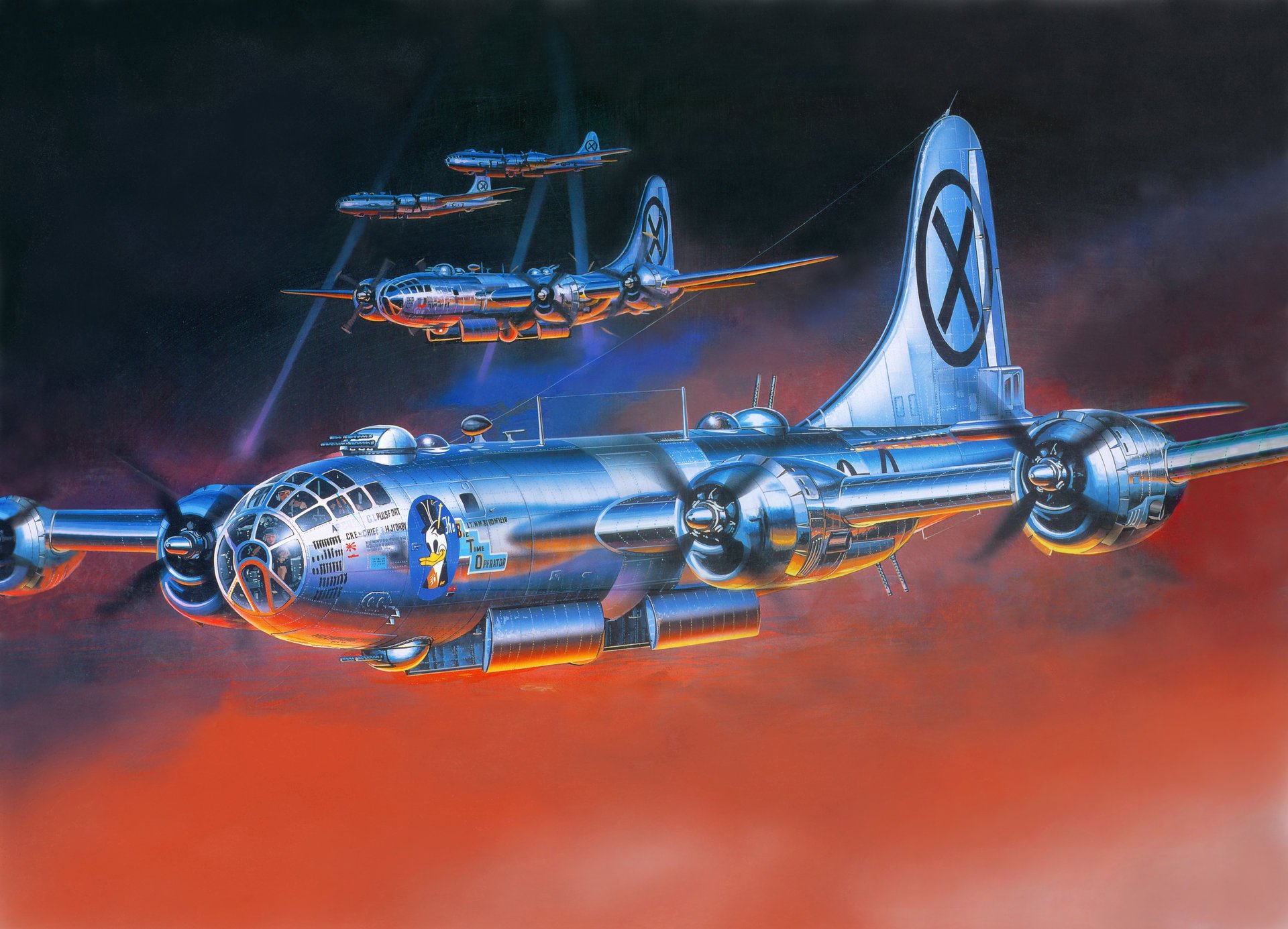 arte cielo noche boeing b-29 superfortress americano bombarderos misión rayos reflector resplandor ww2 figura