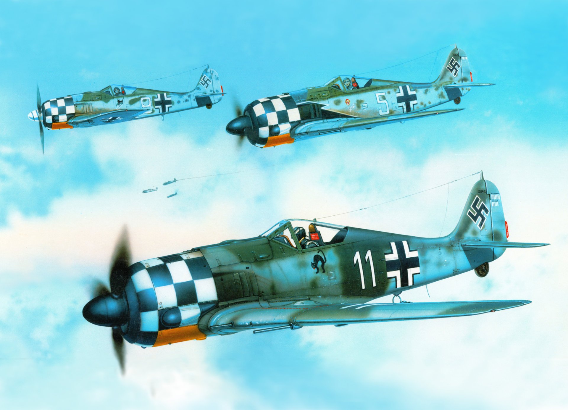 kunst himmel focke-wolf fw 190a6 deutsch single kampfjets erstes flugzeug georg scott persönliche markierung gewölbte schwarze katze ww2 zeichnung