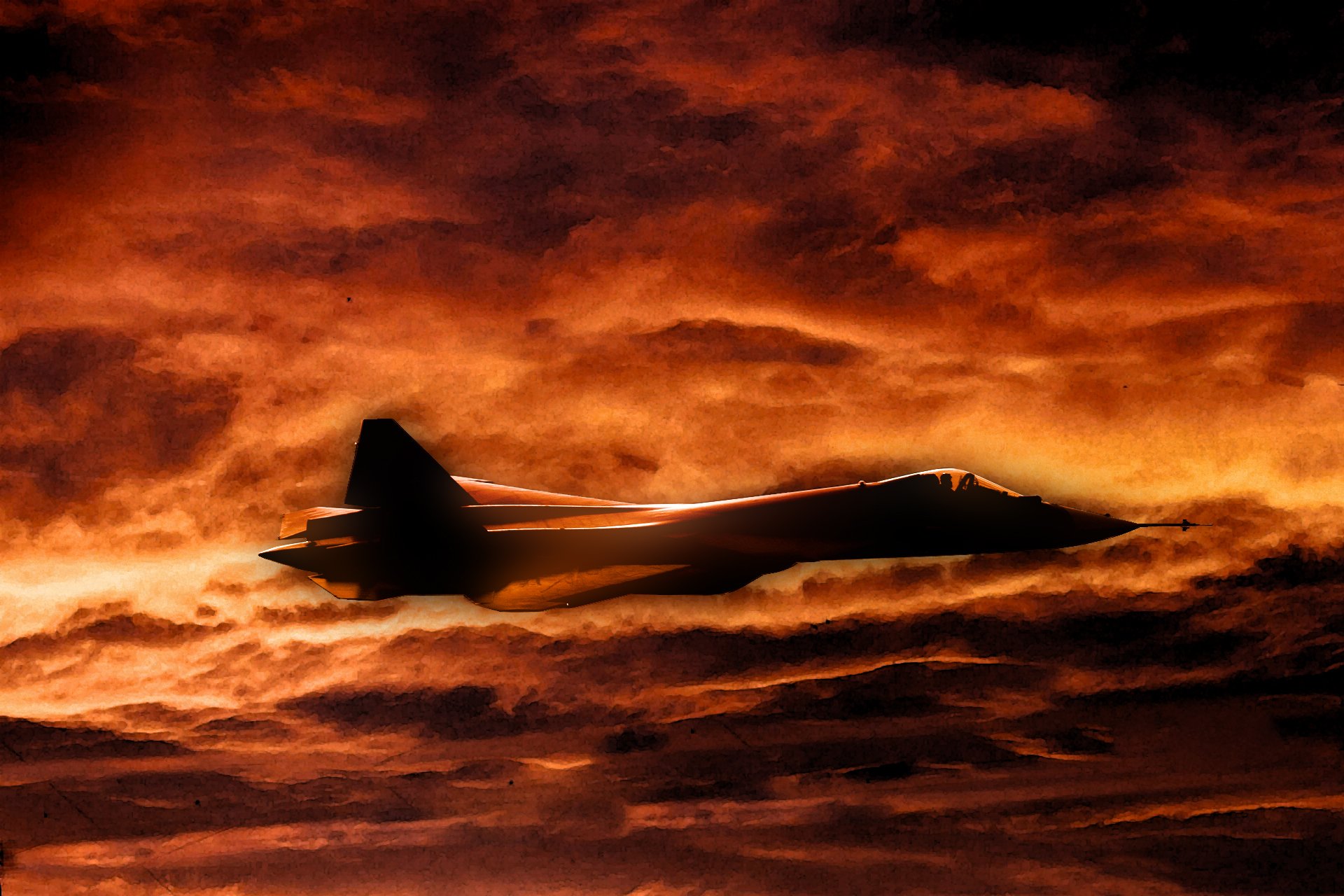 pak fa t-50 aviation polyvalent combattant air force russie dessin coucher de soleil ciel nuages