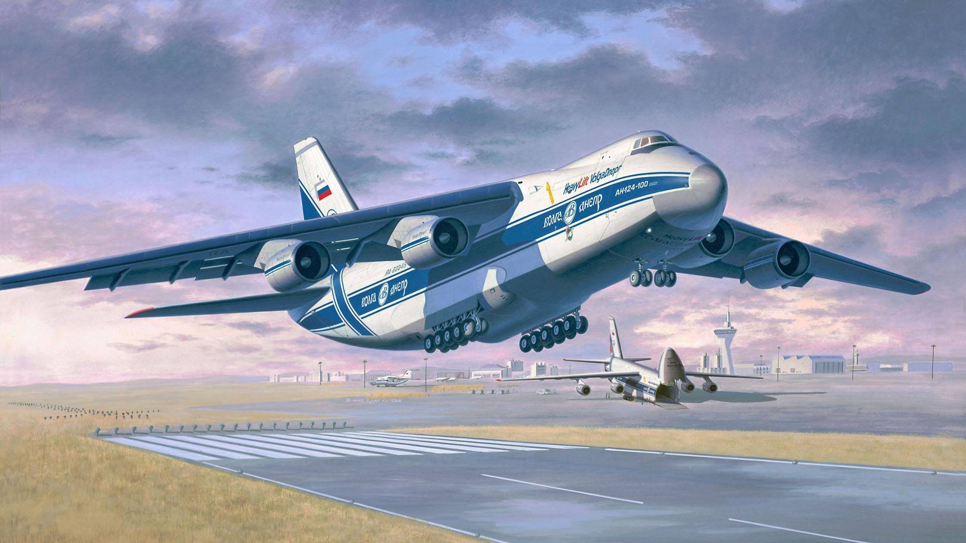 an-124-100 ruslan condor avión de transporte pesado de largo alcance okb. o. k. antonova volga-dnieper dibujo arte