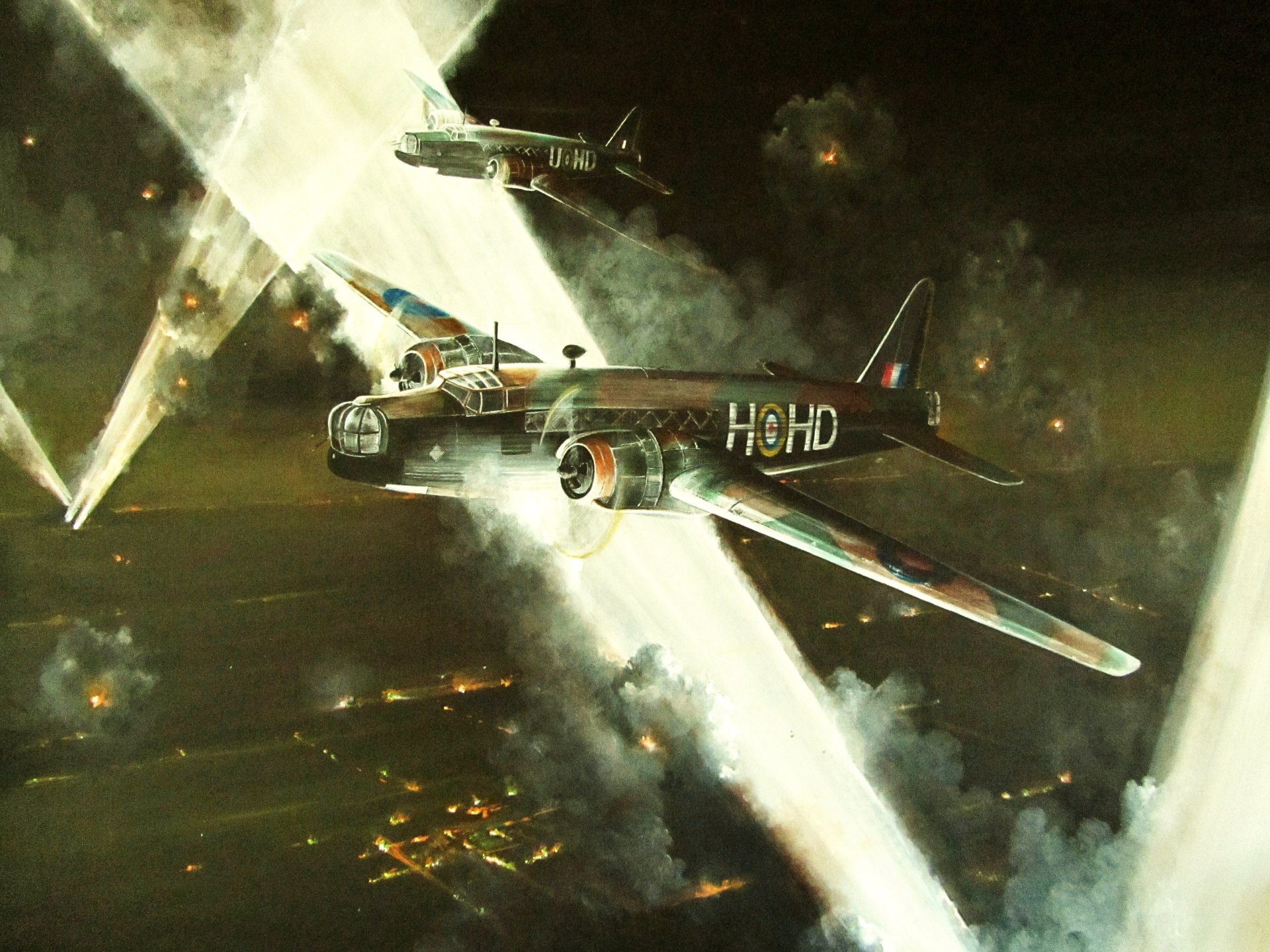 art niebo noc brytyjskie dwusilnikowe bombowce vickers wellington vickers wellington bombardowanie ziemia ogień pożary dym wiązki reflektorów ww2 rysunek