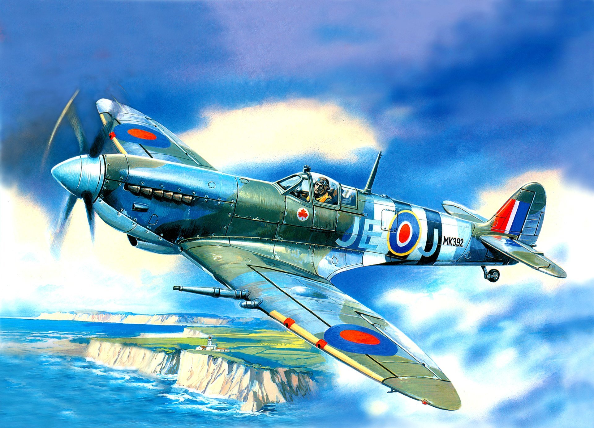 art spitfire mk.9 single-engined uk fighter sky sea beach lighthouse ww2