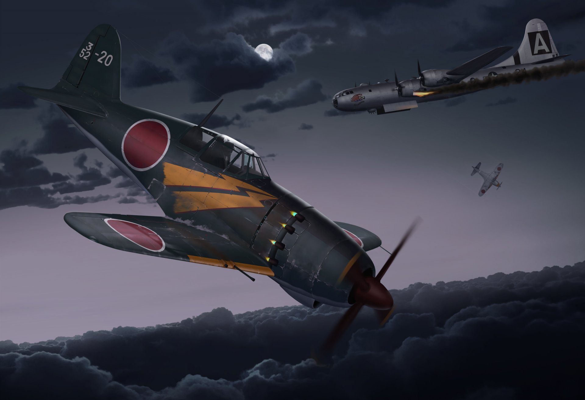 art nuit kawasaki gi-100 japonais avions de chasse abattu b-29 superfortress américain stratégique bombardier ciel nuages ww2 figure