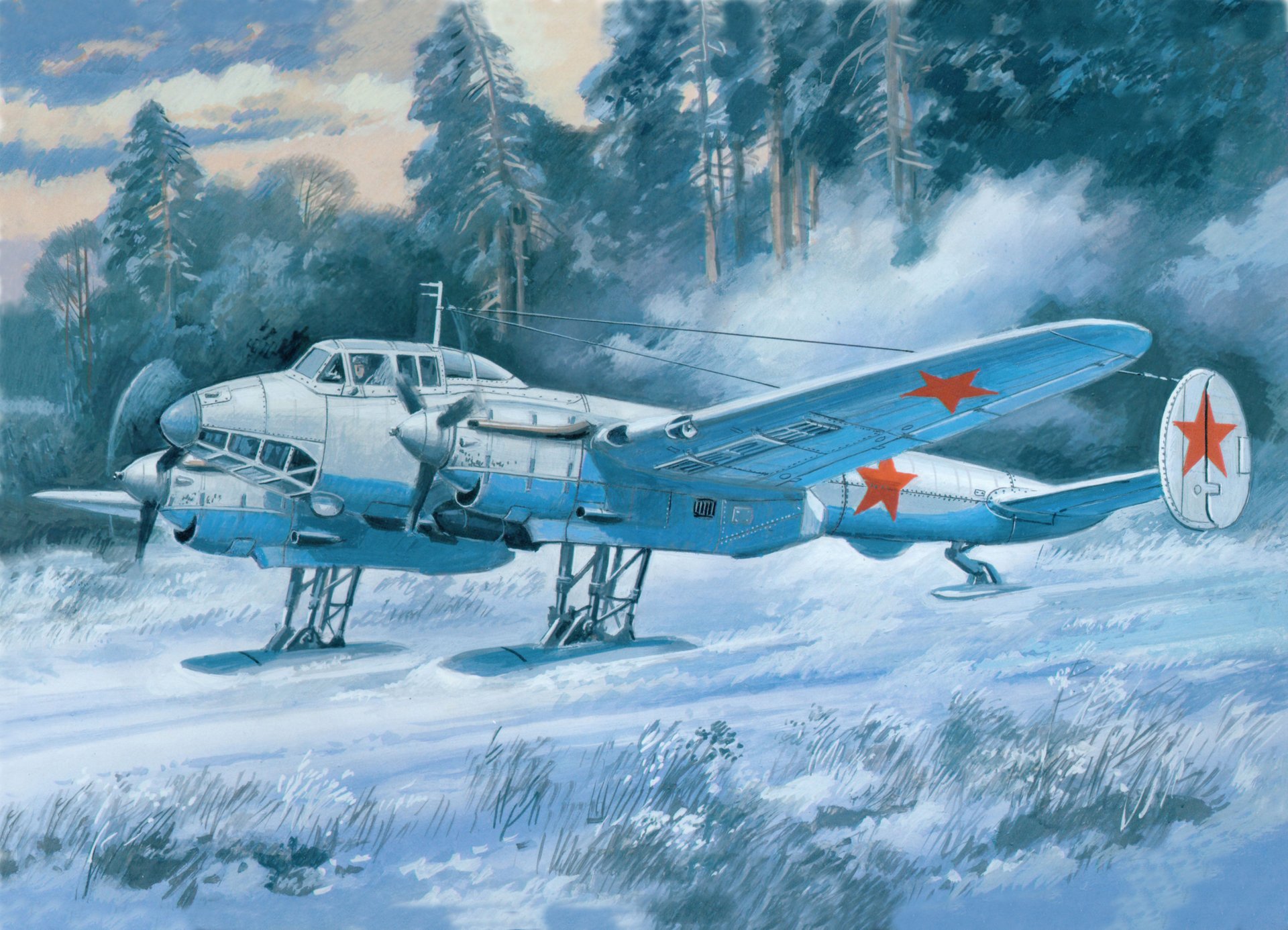 art hiver neige champ avion piqué soviétique bombardier pe-2 um 55 série sur le train d atterrissage de ski seconde guerre mondiale figure