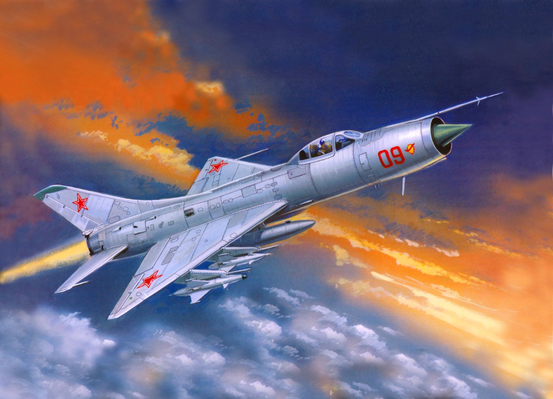 art sky plane su-9 soviet single-engine all-weather fighter-interceptor clouds picture