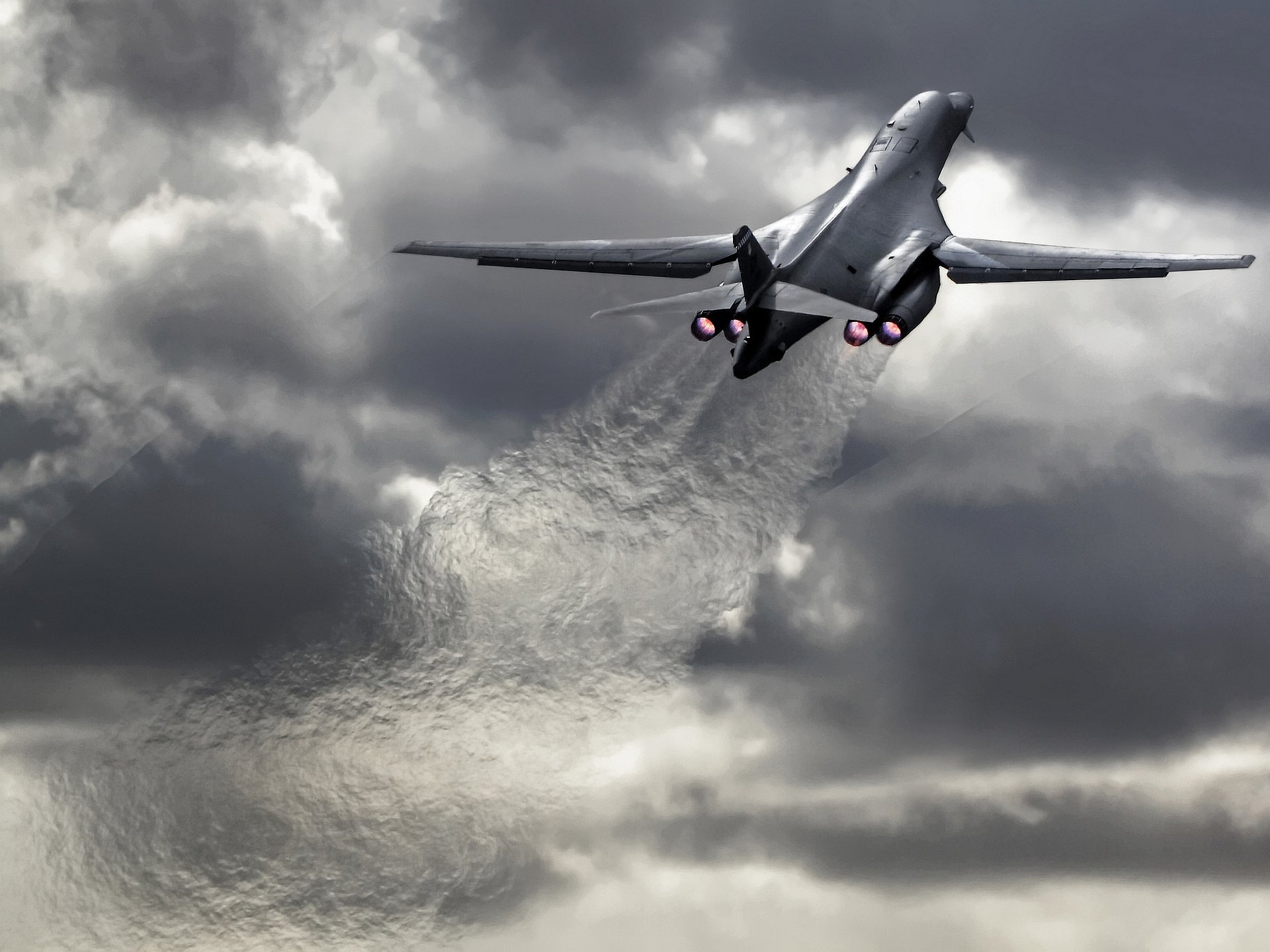 rockwell b-1 lancer überschall strategisch bomber usa start bewölkt düsen thermischer fußabdruck