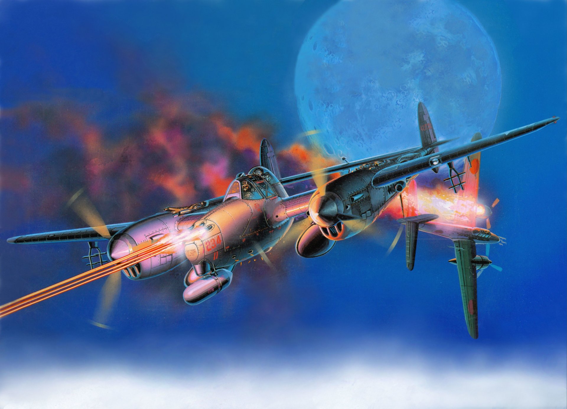 art sky lockheed p-38 lightning lightning american heavy fighter shot down japanese bomber g4m fire flame moon ww2 picture