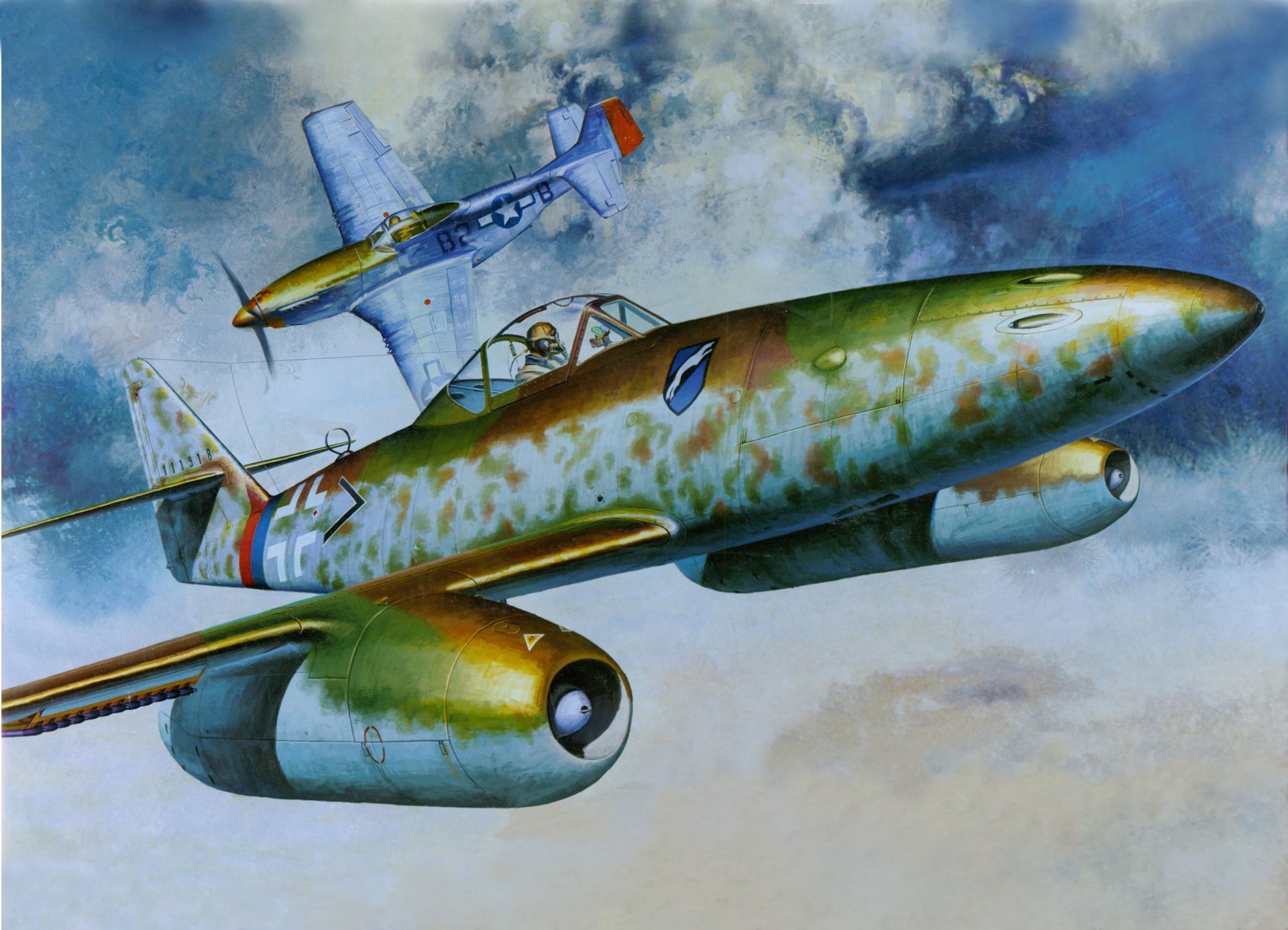 art sky fight fighters niemiecki jet i 262a-1a amerykański p-51 mustang ww2 rysunek