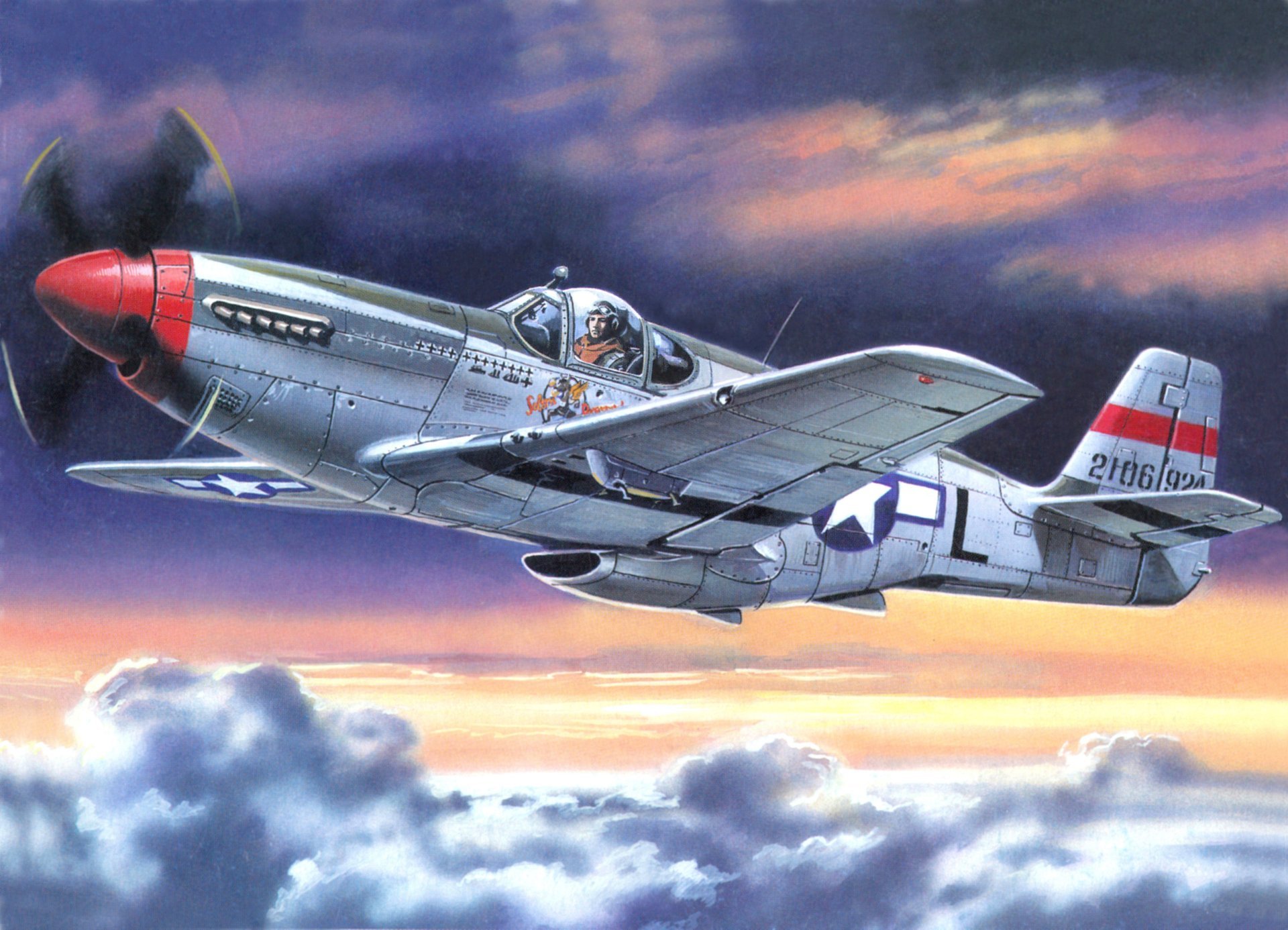 kunst amerikanisch flugzeug r-51c mustang himmel wolken ww2 zeichnung