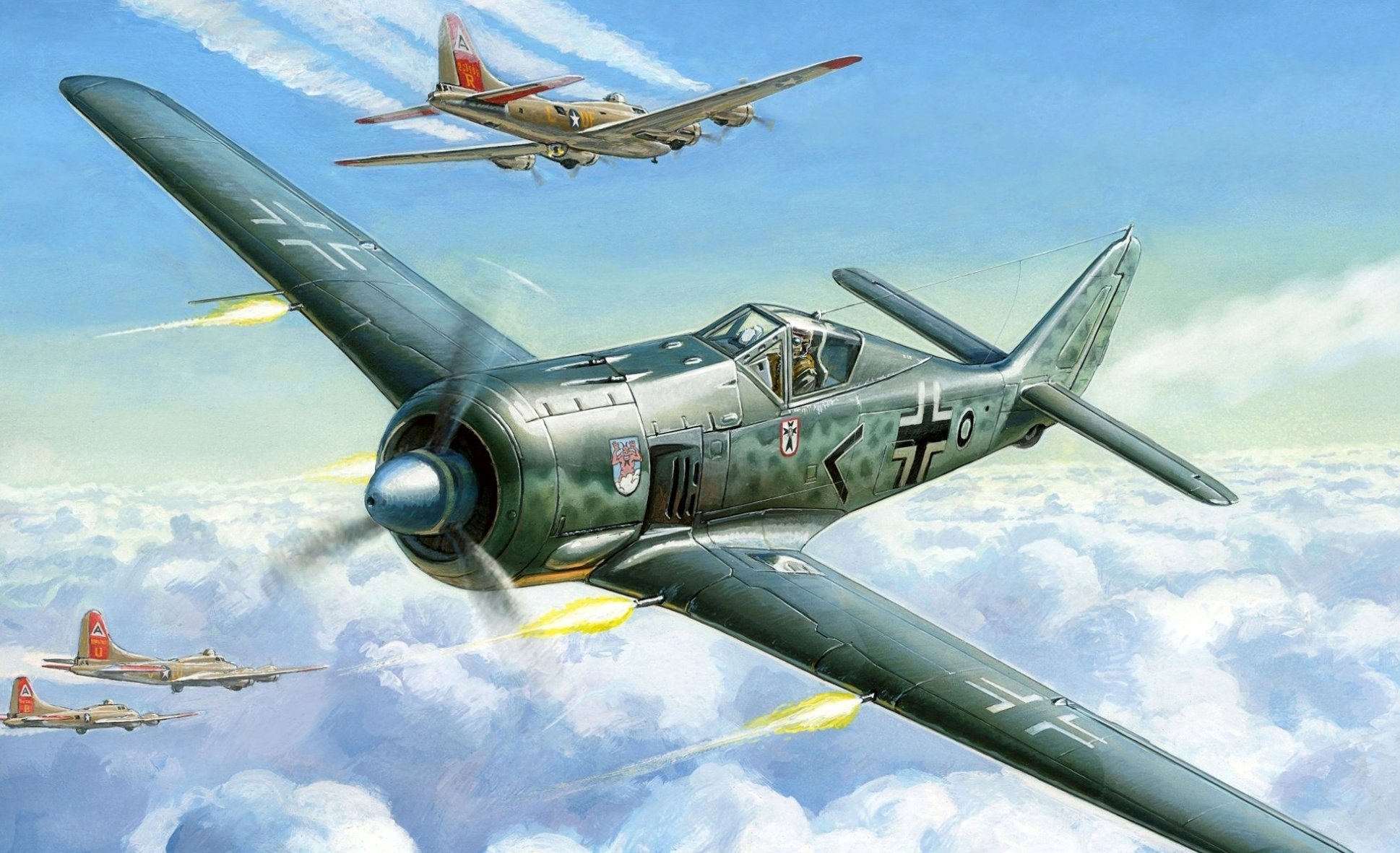 art niebo focke-wulf fv-190 a-4 niemiecki myśliwiec boeing b-17 latająca forteca amerykańskie bombowce ww2 rysunek