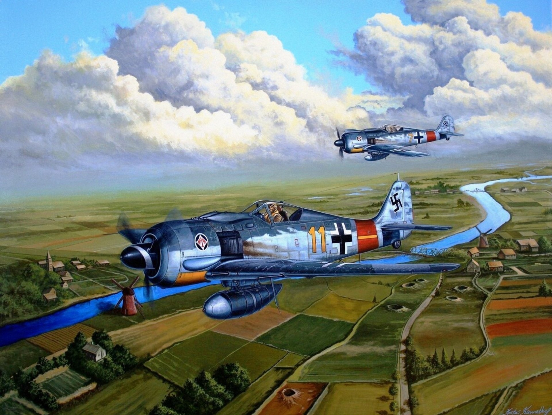 kunst himmel focke-wulff fw 190 viersitzer focke-wulff würger deutsch einsitzer einmotorige kolben einschiffjäger erde fluss straßen gebäude ww2 zeichnung