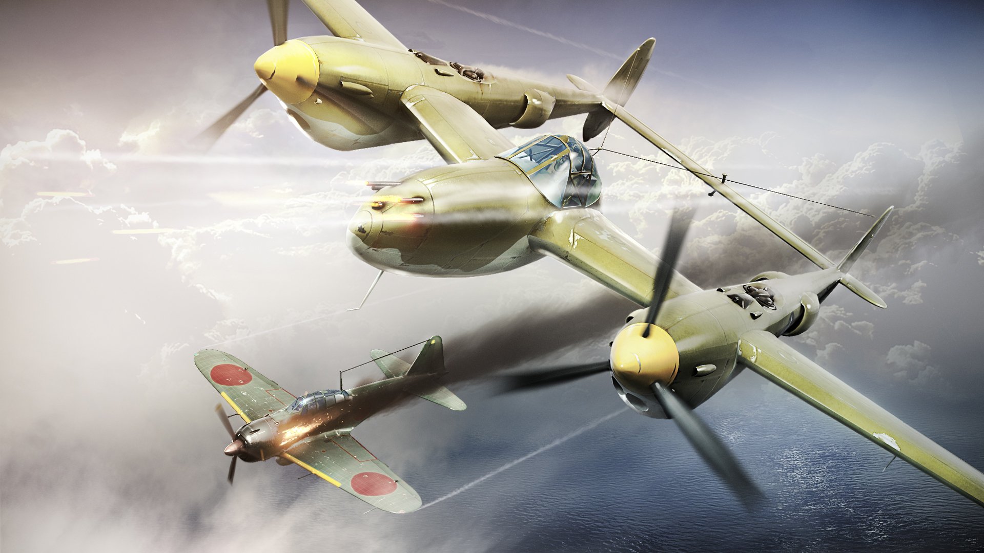 art sky dogfight lockheed p-38 lightning american fighter lined a6m reisen zero japanese maritime carrier-based fighter ww2