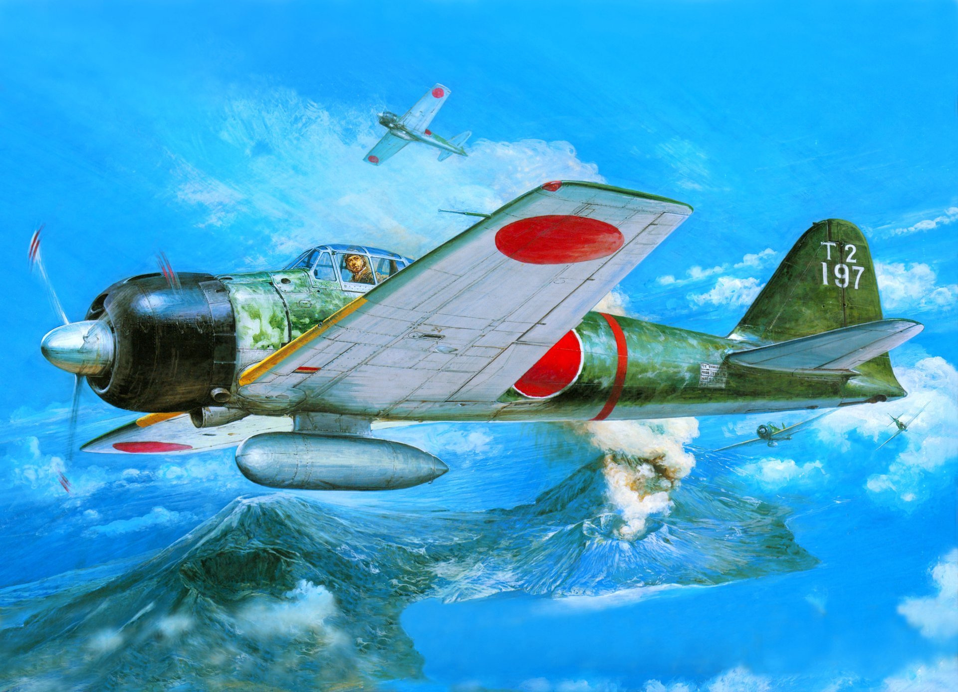 art sky mitsubishi a6m3 zero japanese deck fighters volcano crater water ww2 picture