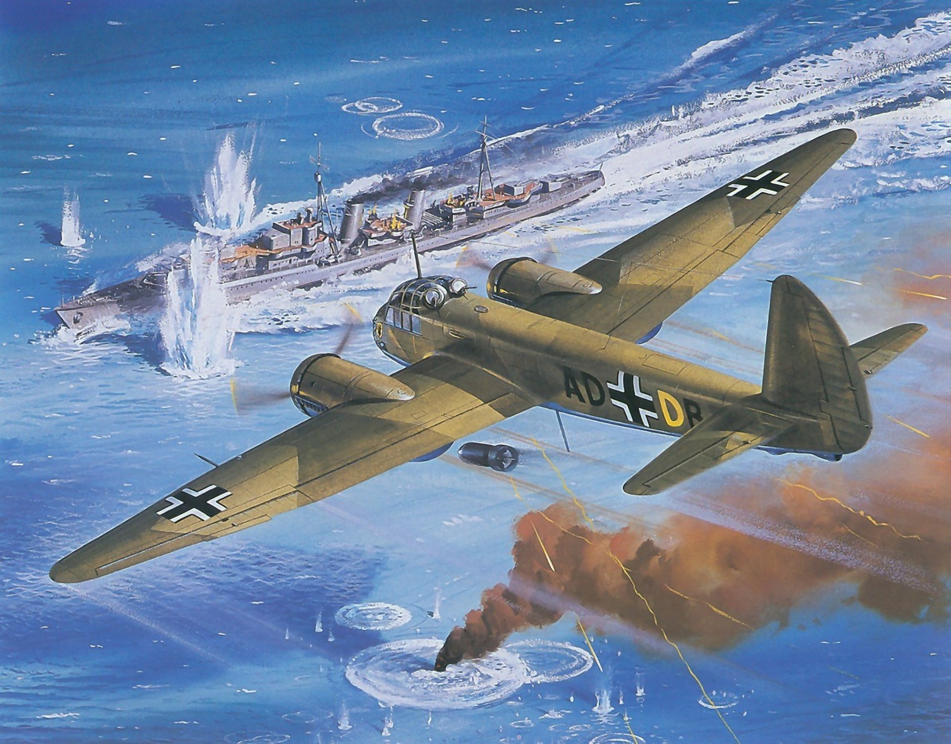 arte guerra cielo avión junkers yu-88 alemán bombardero aproximación objetivo mar militar barco destructor explosiones ráfagas humo ww2 figura