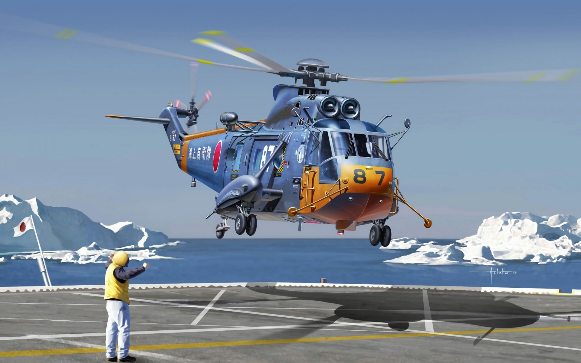 art helicopter multi-purpose transport sikorsky s-61a sea king antarctica surveillance usa designed for transfer cargo military purpose landing in service japan artist vincenzo auletta