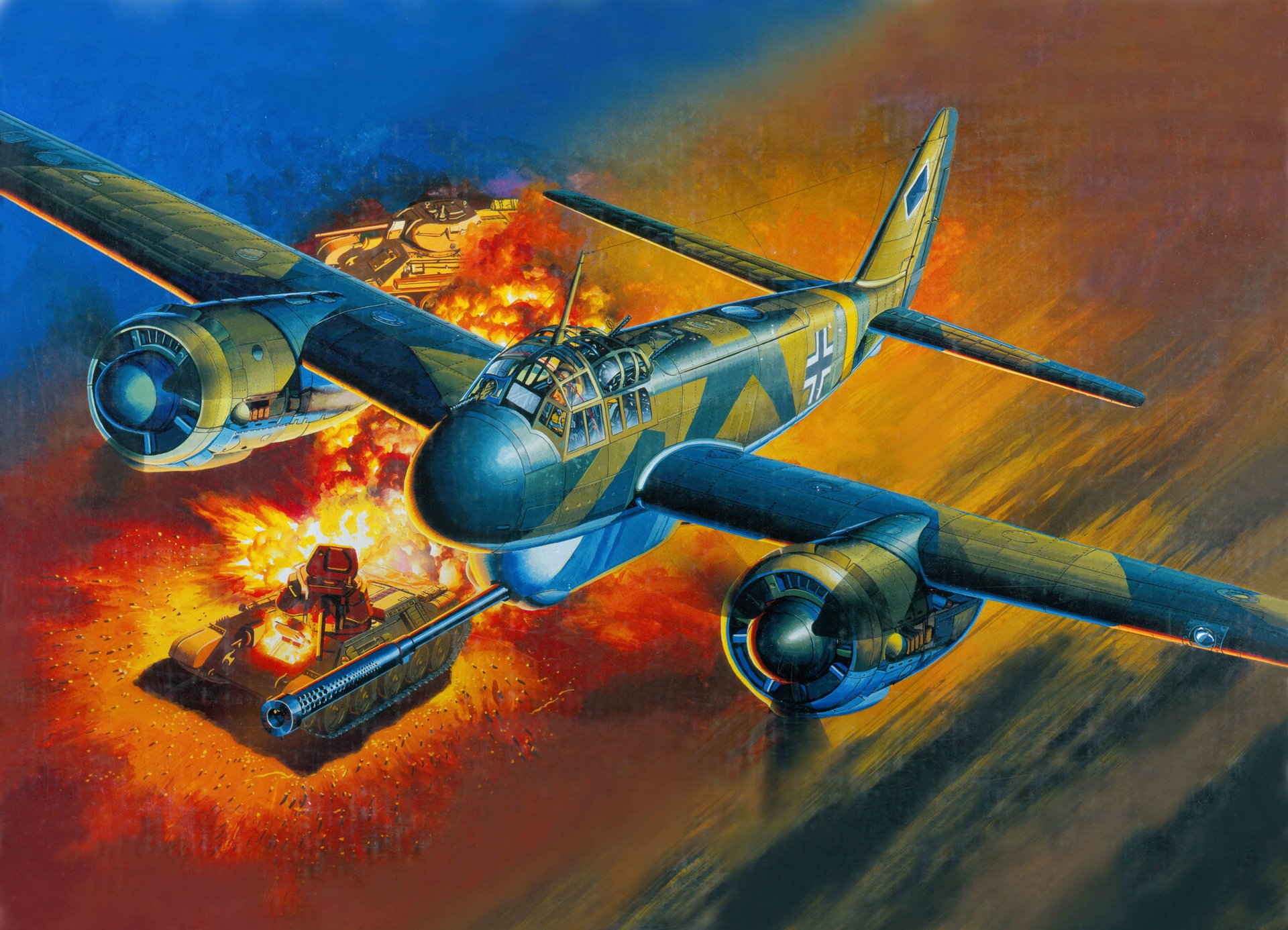 kunst krieg himmel junkers ju.88 p-1 pack 40 panzerabwehr kanone deutsch angriffsflugzeug panzerjäger t-34 sowjetisch mittlerer panzer feuer