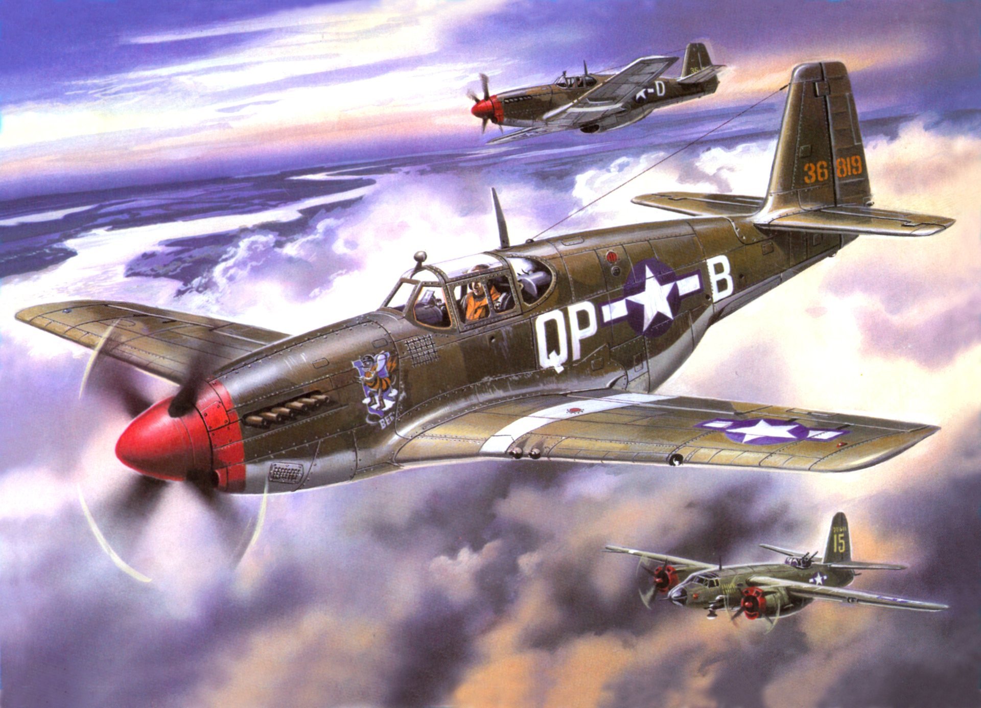 art sky p-51b mustang us fighters escort support plane douglas a-20 havok american lightweight bomber ww2 picture