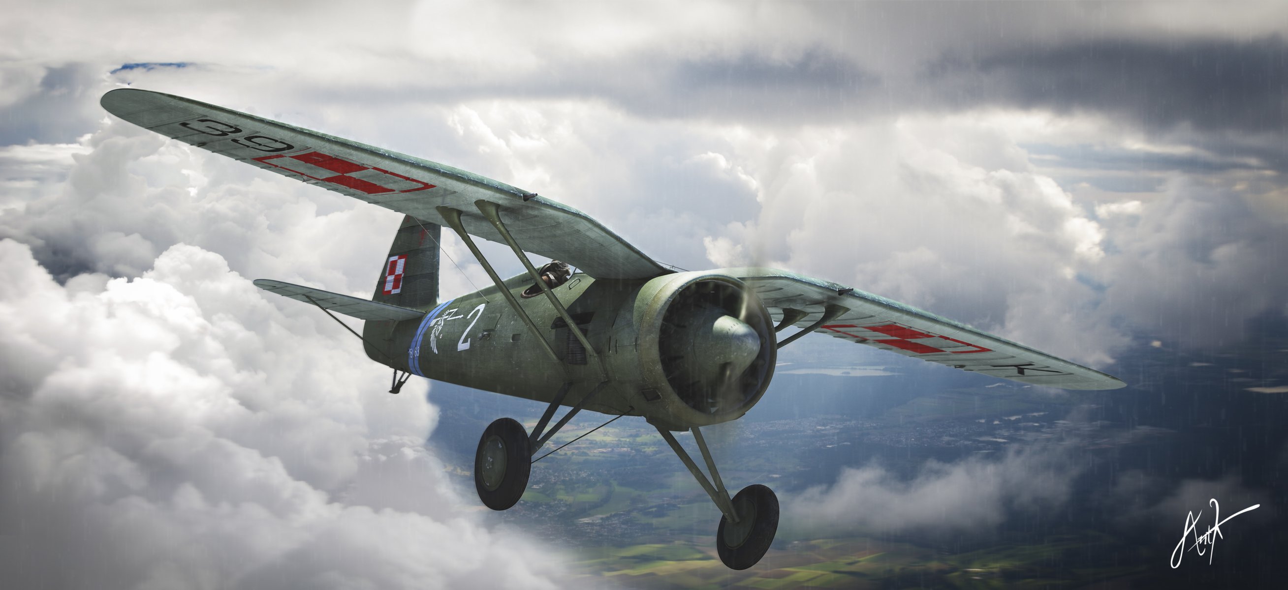 арт небо pzl p.11 польский одномоторный истребитель-моноплан ww2 рисунок