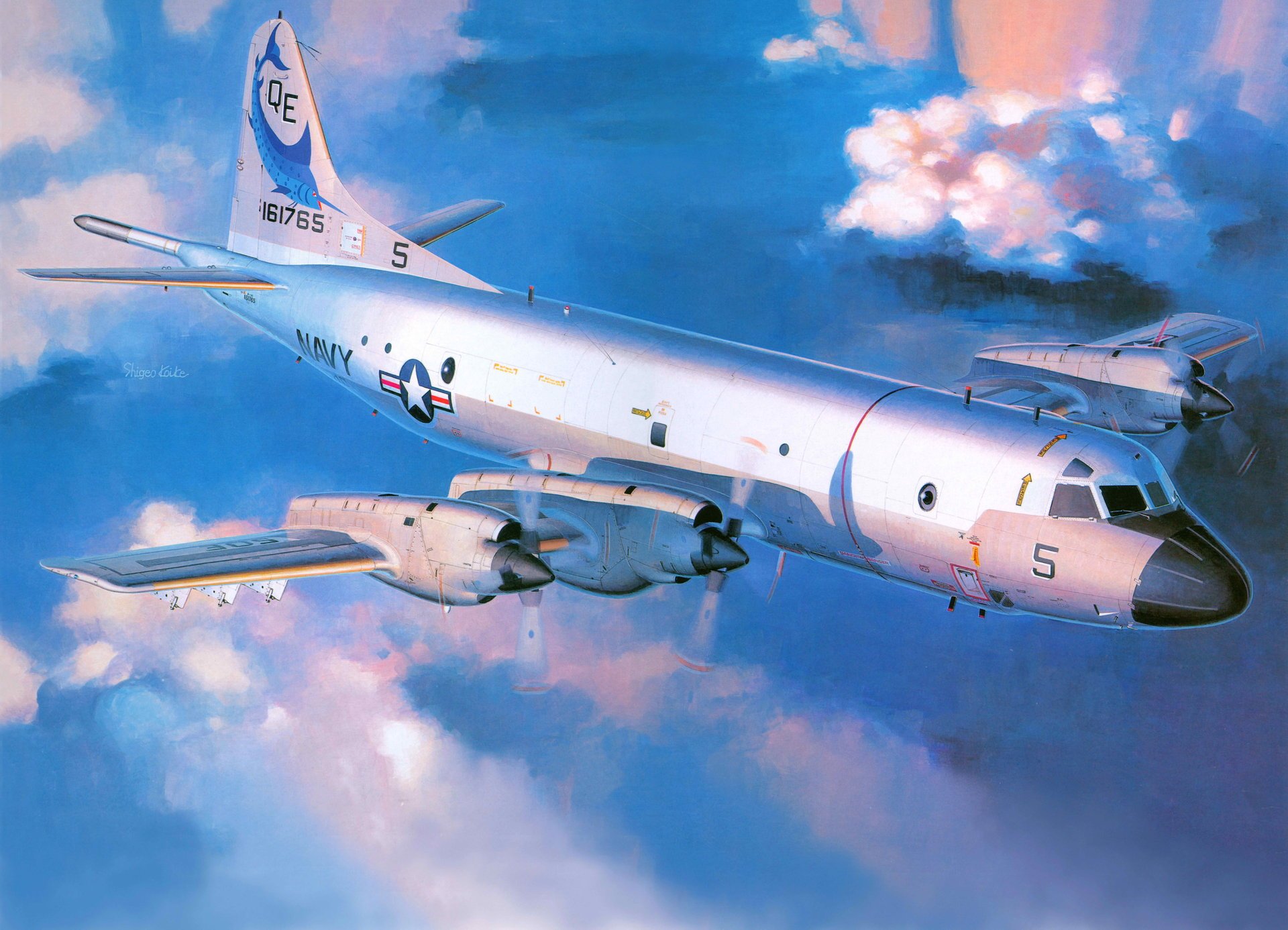 art lockheed p-3 orion przybrzeżny patrol samolot us navy niebo chmury rysunek