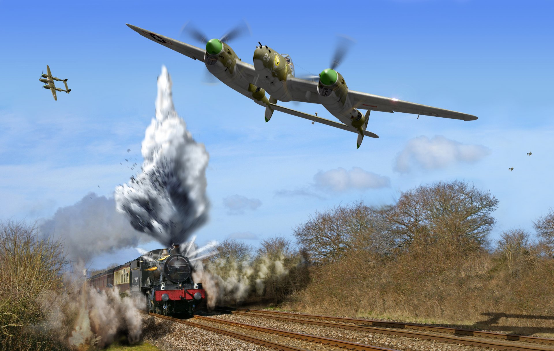 art lockheed p-38 lightning us fighters bombing train smoke pairs ww2 picture