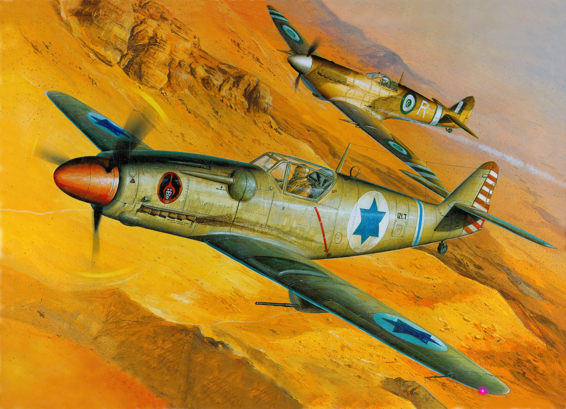 art palestine ciel sur premier plan avion s-199 monomoteur piston combattant armée de l air israélienne guerre dessin