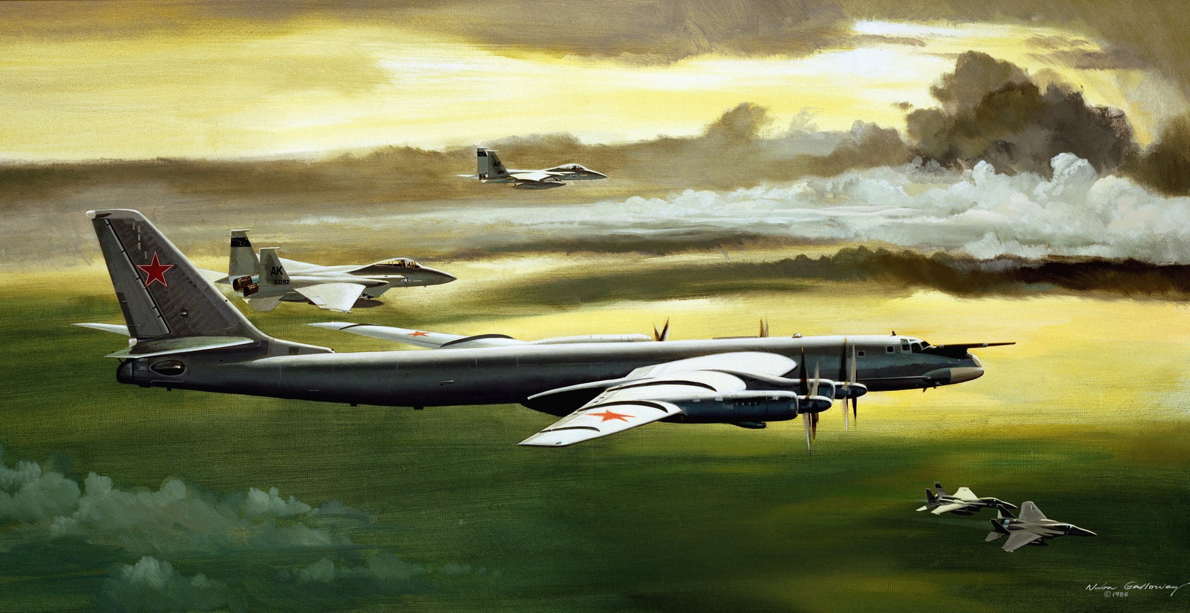 arte tu-95ms oso oso soviético ruso turbohélice estratégico bombardero cielo nubes f-15 silent eagle águila silenciosa americano multiusos jet aviones de combate figura