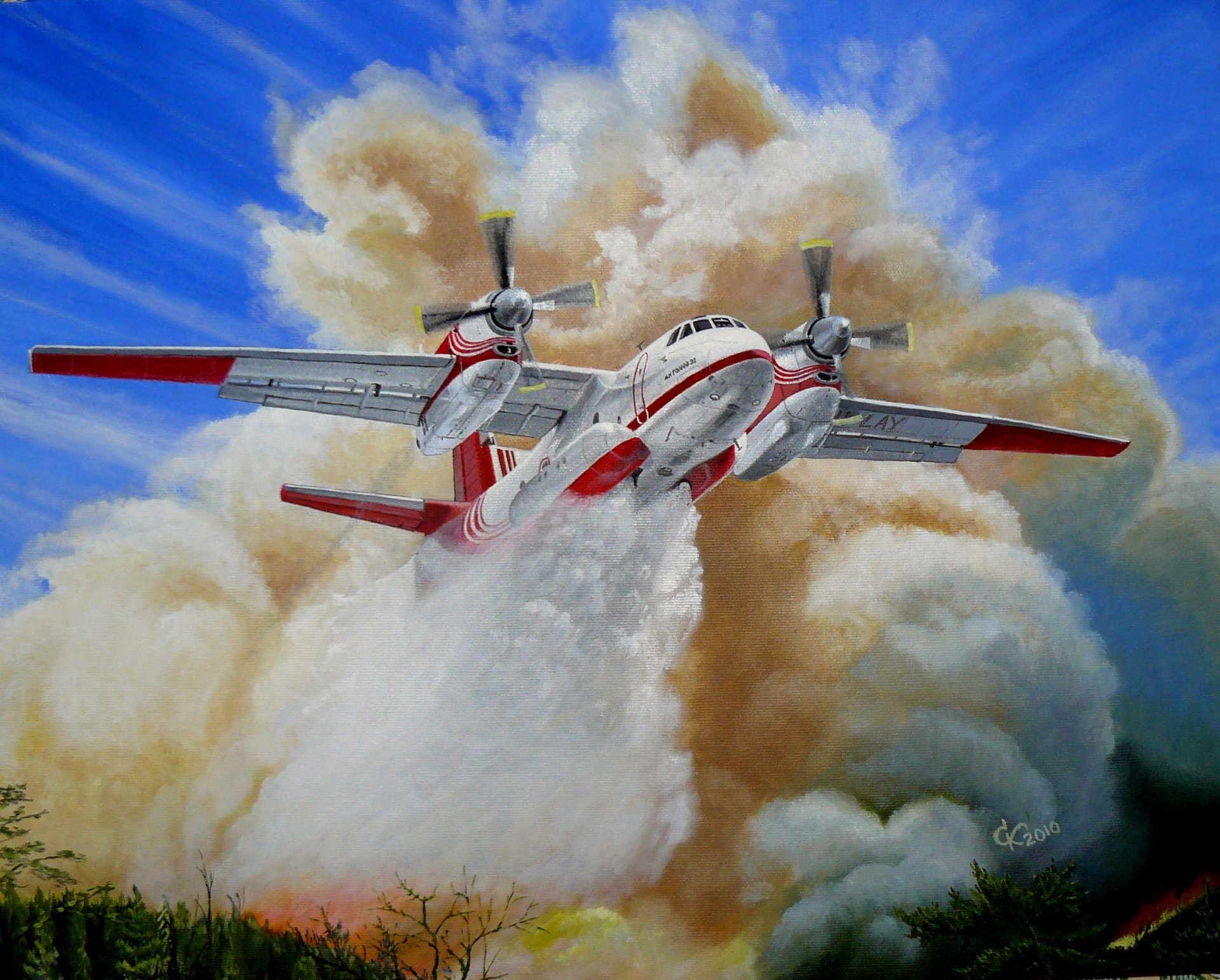 art sky an-32p russian firefighter airplane forest fire extinguishing special liquid discharge drawing