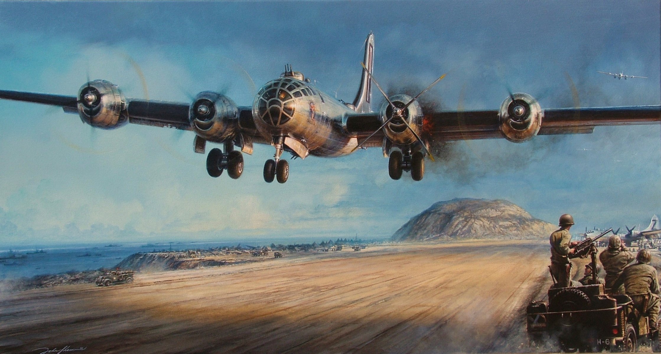 art guerre aérodrome avion américain bombardier boeing b-29 superfortress atterrissage dommages moteur flamme fumée ww2 dessin