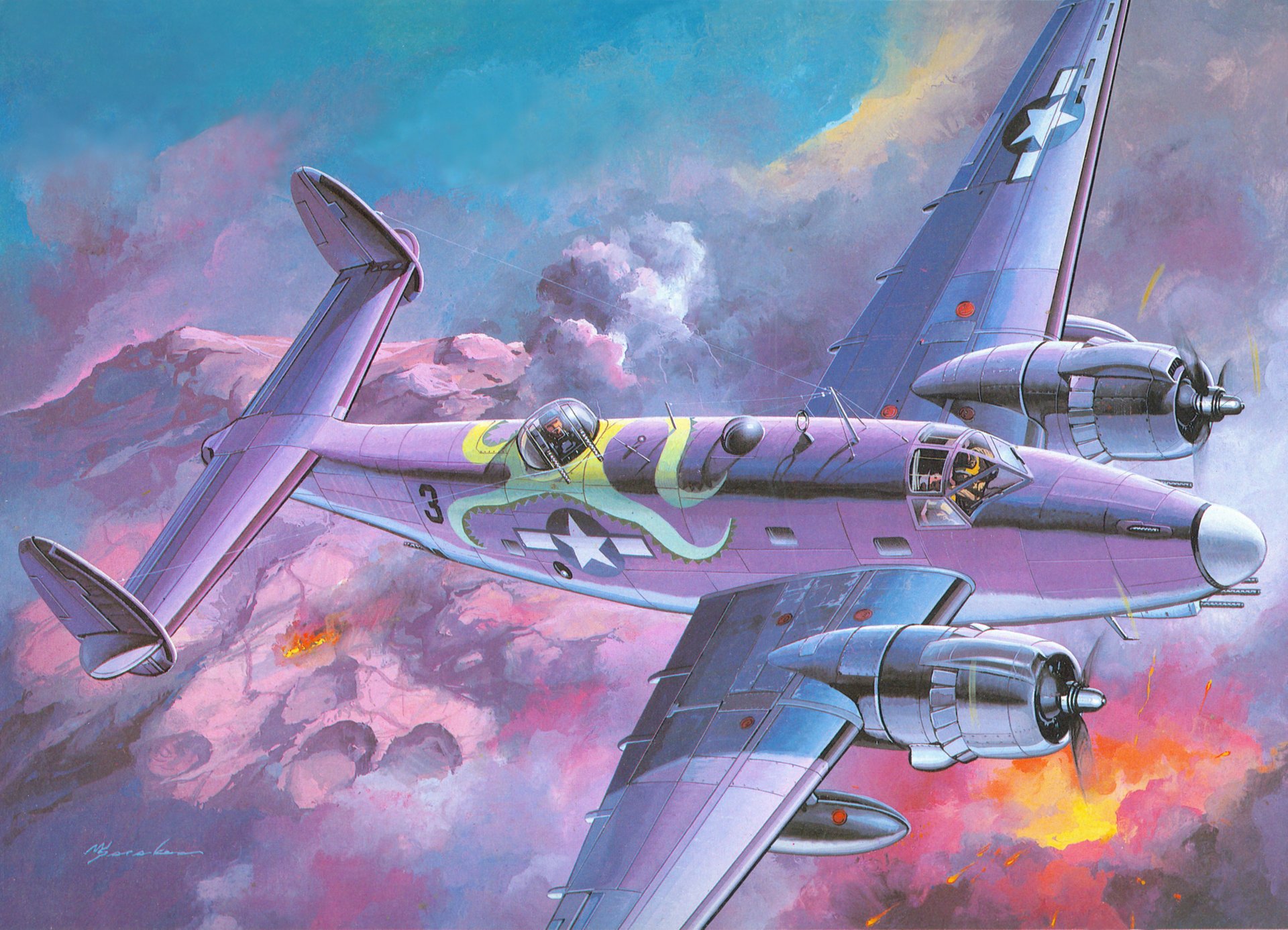 art lockheed pv-1 américain bimoteur marine choc bombardier ciel nuages terre explosions feu ww2 dessin