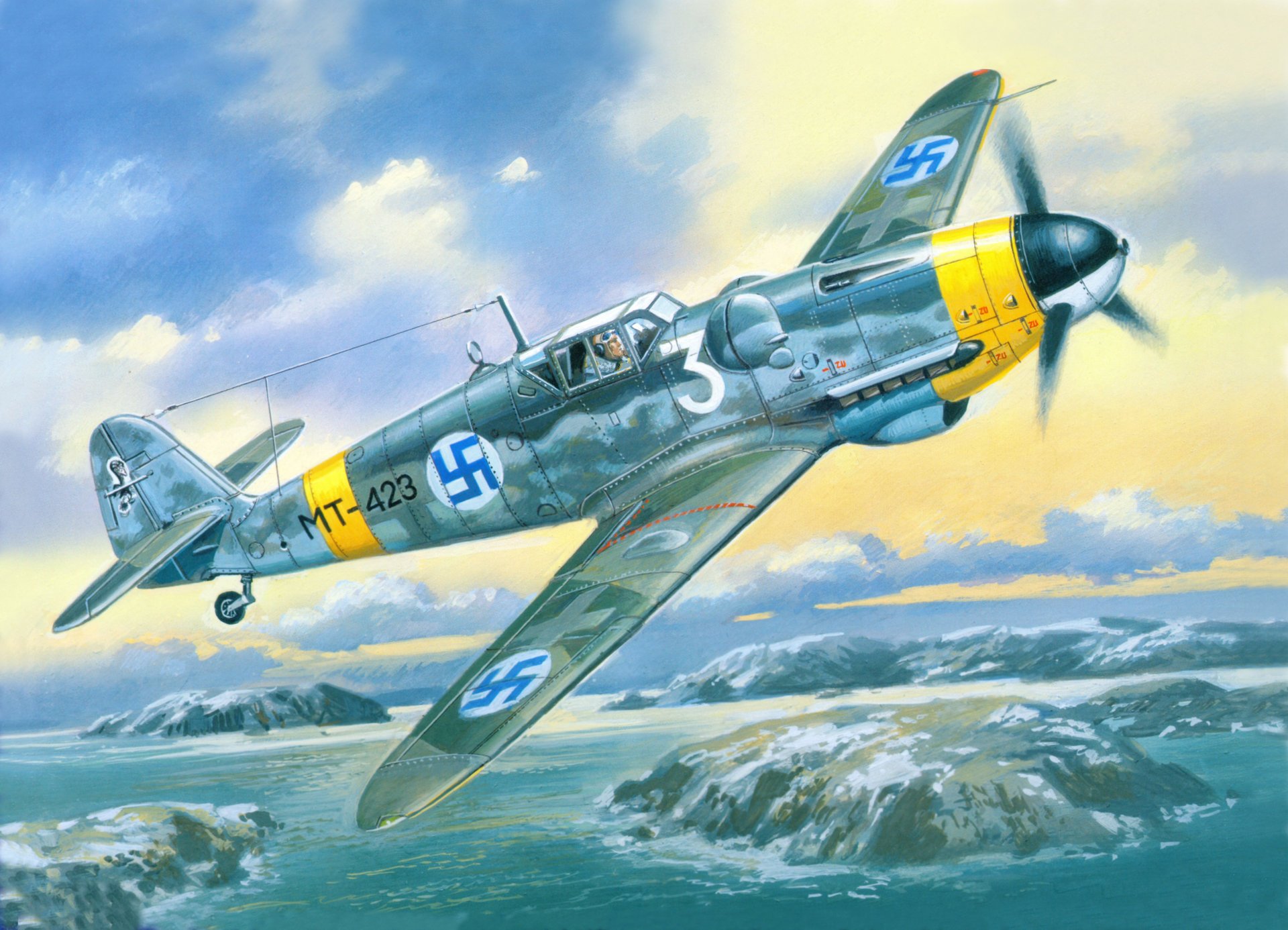 kunst krieg himmel messerschmitt bf.109 g-6 deutsch einmotorig kolben kampfflugzeug finnische luftwaffe profaschistische