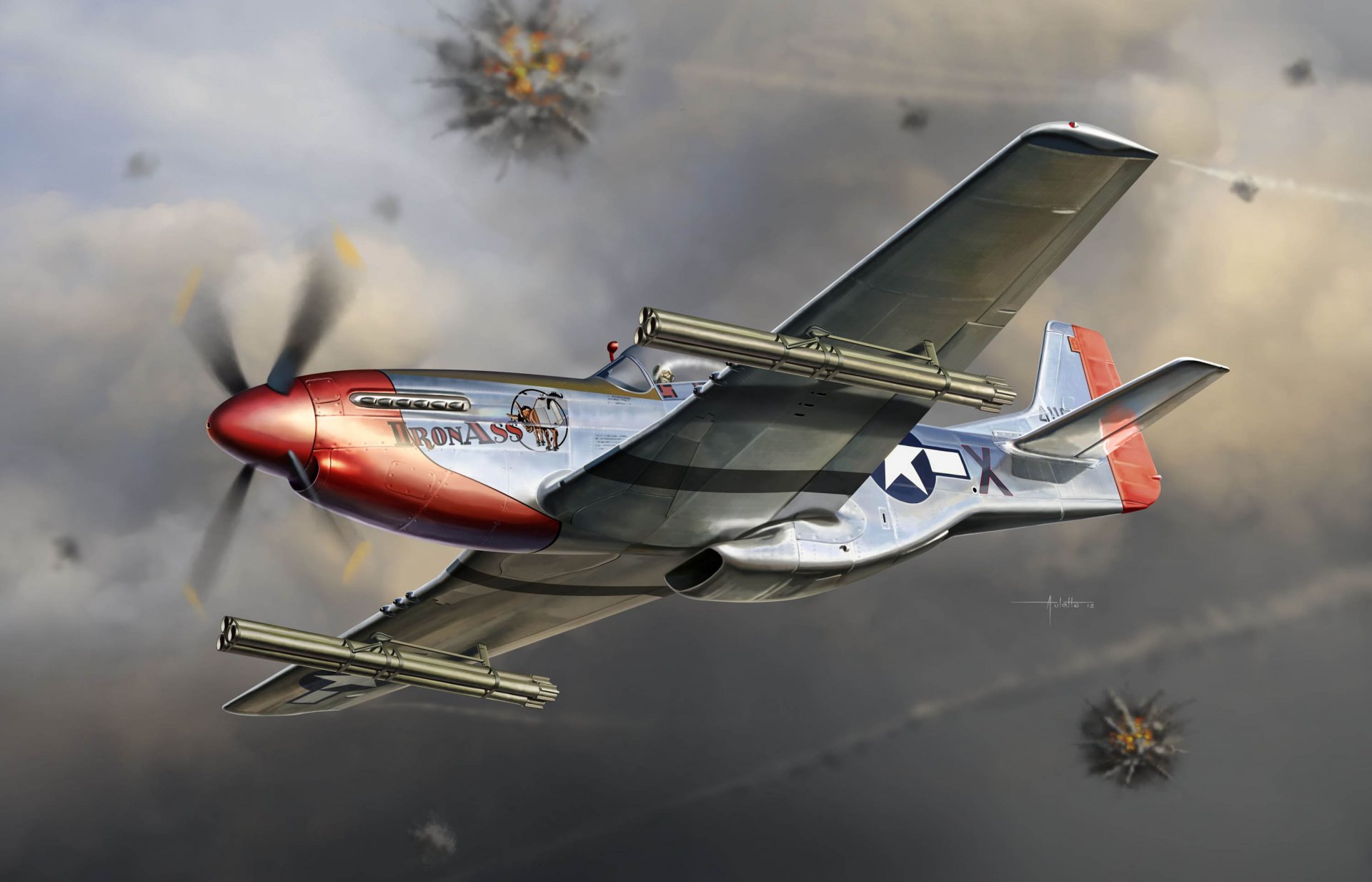 kunst flugzeug einzel kämpfer langstrecke reichweite aktion north america p-51k mustang nordamerika p-51k optional bewaffnet sechs raketen m8 in röhrenförmig führungen m10 luft kampf luftwaffe usa ww2