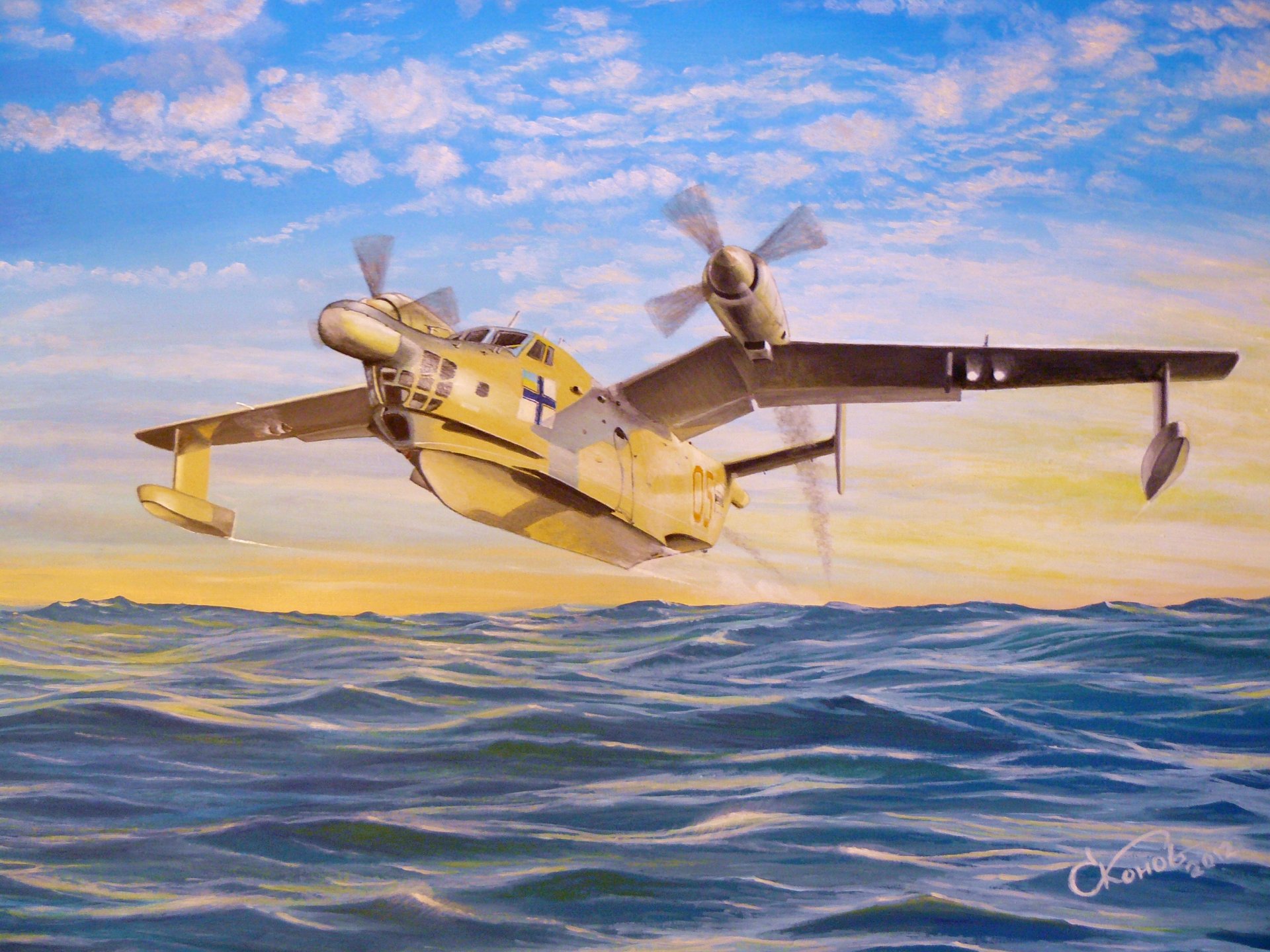 art eau ciel nuages sur aube be-12 mouette mail anti-sous-marine avion amphibie volant bateau dessin