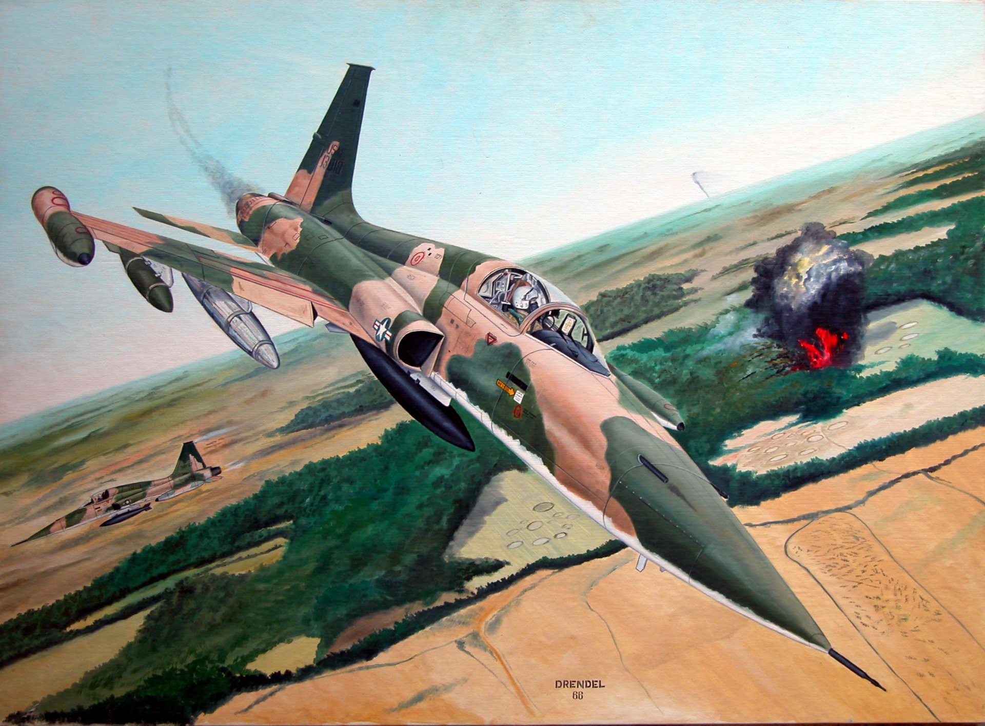 kunst northrop f-5 fridom fighter amerikanisch mehrzweck- kampfjets himmel erde vegetation explosion flamme zeichnung